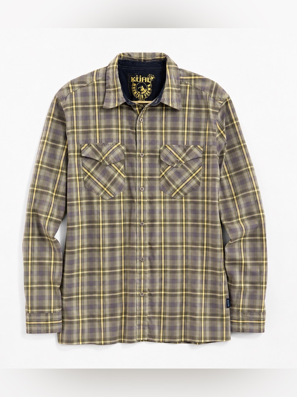Kuhl Mens Button Down Green Gray Yellow Plaid Long Sleeve Size L